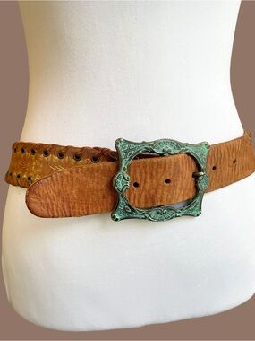 Streets Ahead Cognac Leather Belt Square Patina Buckle Boho Vintage 90s Size M/L